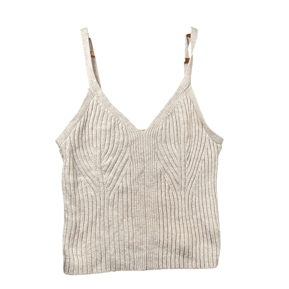 Auden Knit Camisole Womens Medium Beige Ribbed V-Neck Spaghetti Strap Tank